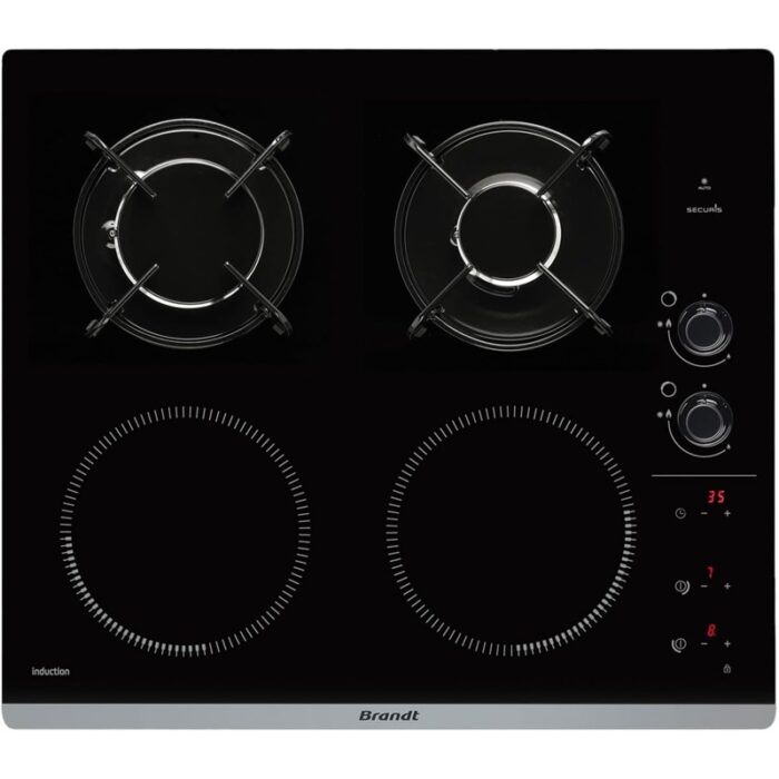 Brandt BPI6413BM 4 Foyers 3400W Induction et 4600W Gaz Table de Cuisson